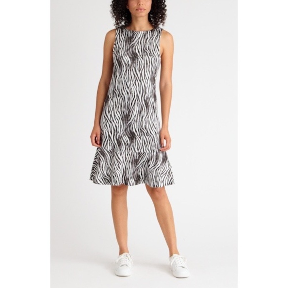 Tommy Bahama Dress Women Large Black White Zebra Print Ruffle Hem Sleeveless